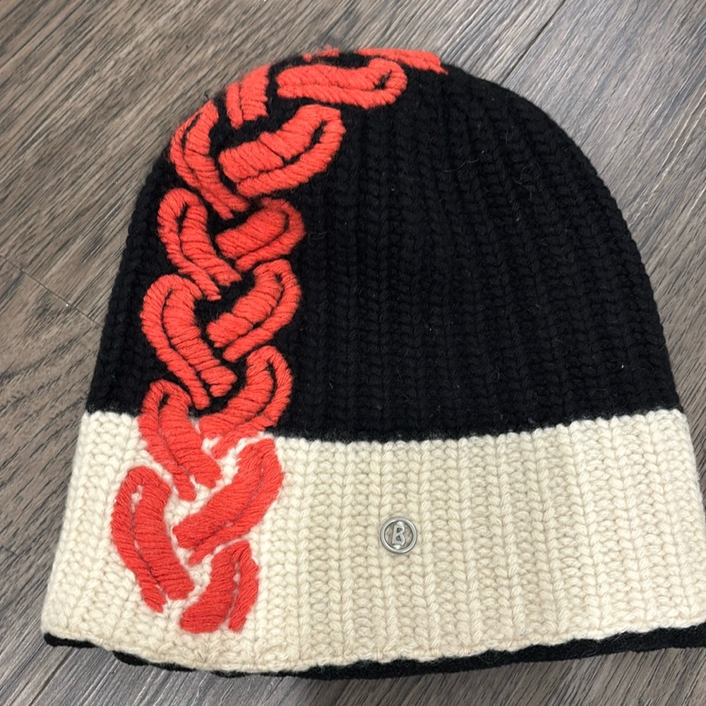 Bogner Black and Cream Knit Hat with Red Detail